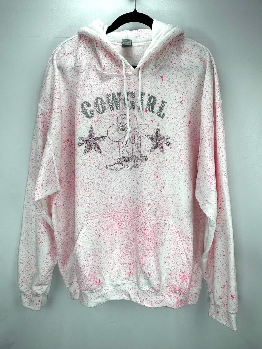 Rhinestone Cowgirl Graphic White Hoodie with Pink Paint Splatter